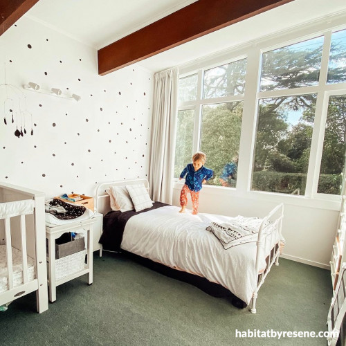 Amy’s son’s room follows the theme with the rest of the house in Resene Black White but has a subtle and fun feature wall with dots painted in Resene Bokara Grey.