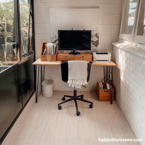The office space is bright and fresh, painted in Resene Black White, and has an almost modern-industrial feel with its brickwork, steel and wood décor. 