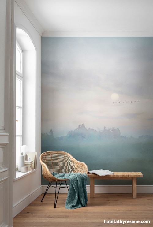 Wallpaper with pastel colours offers a scenic view inside the home