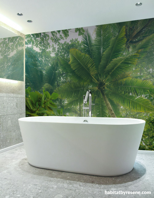 Bathroom wallpaper transports you to lush tropical location