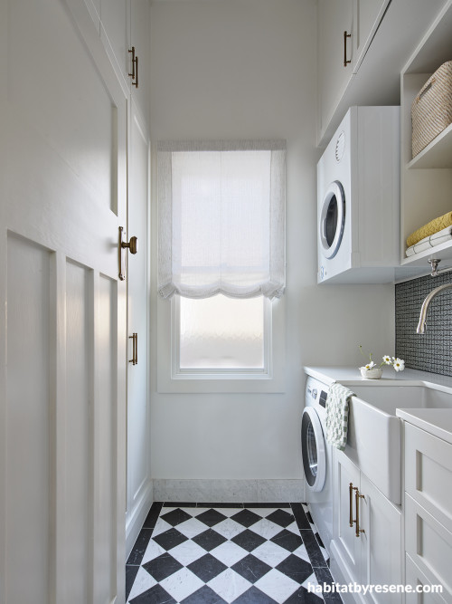 Laundry in white with chequered  floor