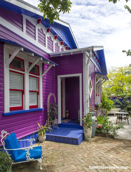 purple house, purple exterior, blue exterior, painted weatherboards, bright house