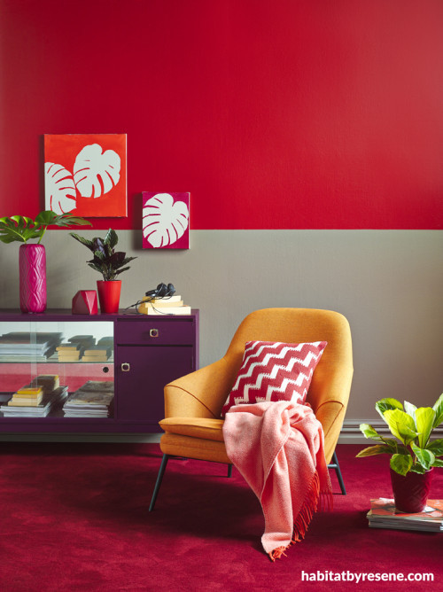 retro, red paint, interior design, grey paint, bright coloured room 