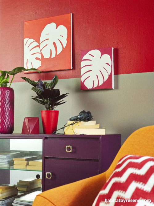 red paint, grey paint, interior design, bright coloured room, retro, stencil art 
