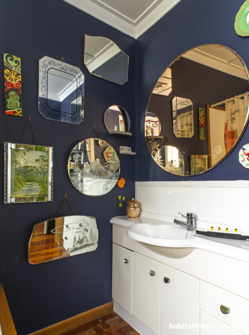 navy bathroom, inky blue paint, mirror wall, blue bathroom, deep blue