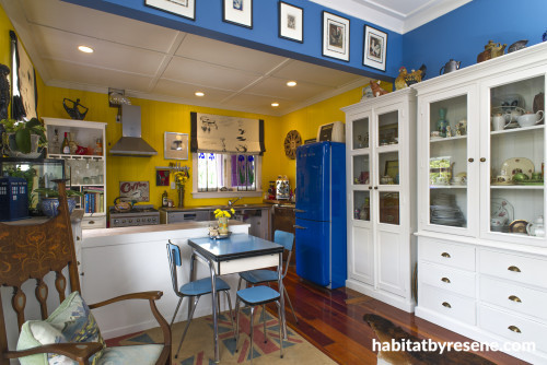 yellow kitchen, blue and yellow paint, blue dining room, blue fridge, bright kitchen