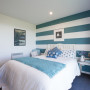 feature wall, stripes, bedroom, blue and white, paint, interior