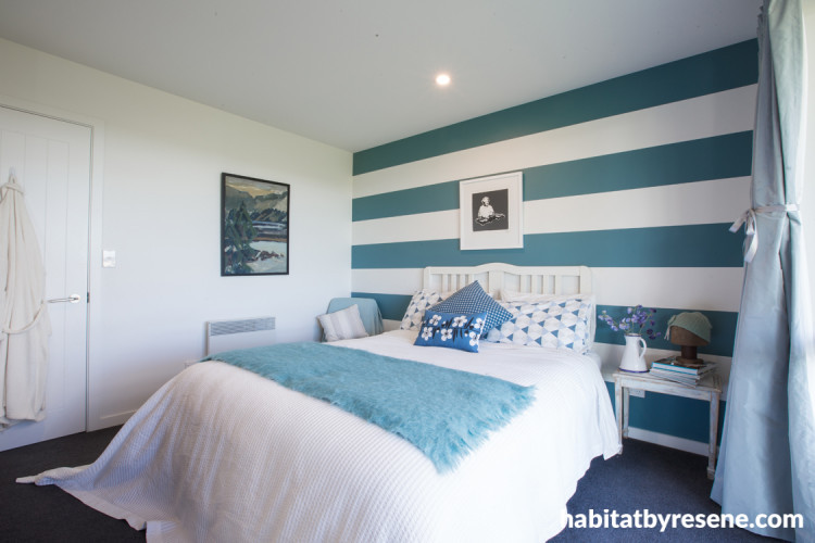 feature wall, stripes, bedroom, blue and white, paint, interior