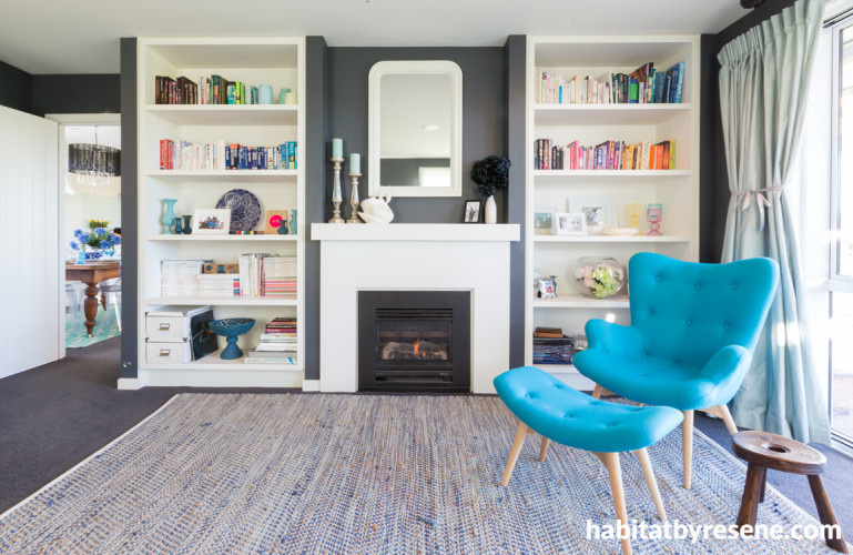 media room, living room, bookcase, reading room, grey paint, interior, white paint