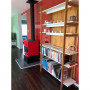 red dining room, red fireplace, fire place inspiration, open plan living, bookshelf, Resene
