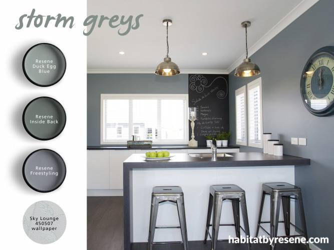 grey kitchen, grey paint, blue kitchen, interior, stormy greys, home decorating ideas 