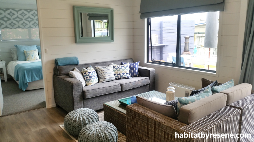 holiday house, feature wall, blue, living room, bach, beach house, stripe, stripes, painted timber