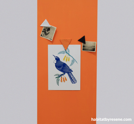 orange paint, magnetic paint, photo wall, hanging photos, diy project, magnetic wall