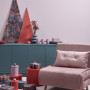 Pink room and chair with green sideboard table at Christmas