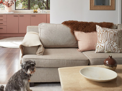 Blushing with pride, interior stylist Amber Armitage has a modern take on classic Kiwi bach colours