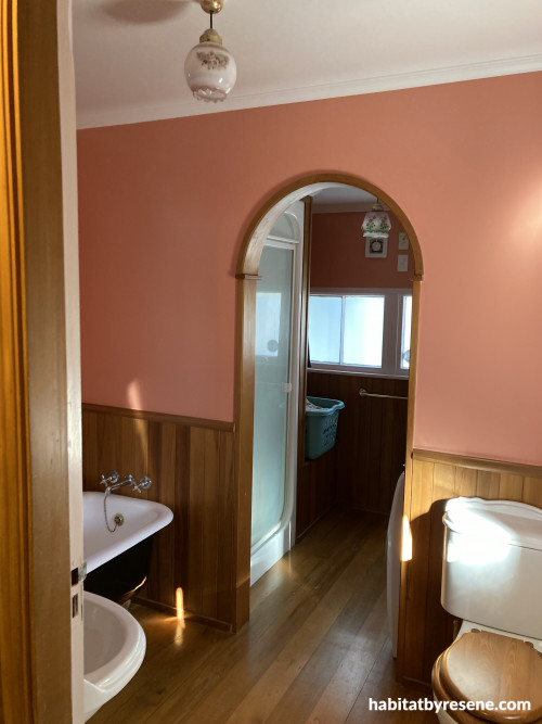 bathroom, arch, coral 