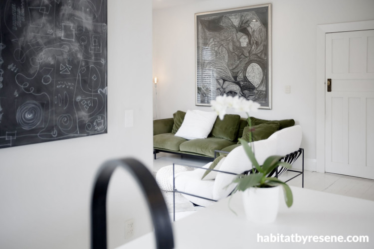 Every inch of the interior exudes an explosion of white, with Resene Black White on the walls and Resene Alabaster on the trims and doors. Even the existing timber flooring now dons a coat of 9 paint in crisp Resene Black White, embodying a fresh beginnin