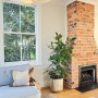 fireplace, exposed brick