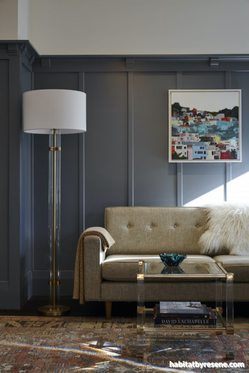 Mid-century meets Hollywood glam in this living space.