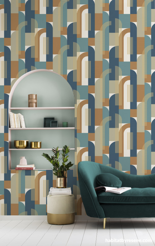 Mixture of blue, green, brown & white create an eye-catching wallpaper