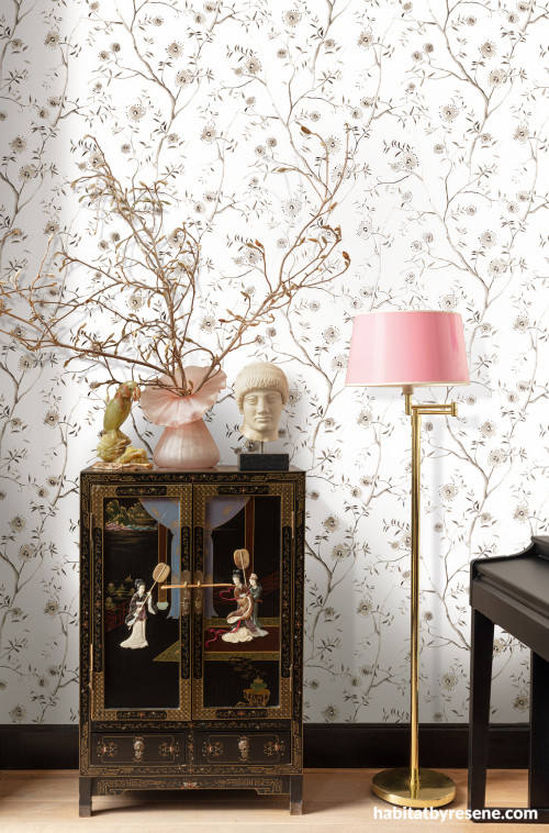 Elegant home with white floral wallpaper