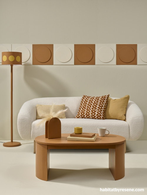 Earthy toned living room in retro white & brown