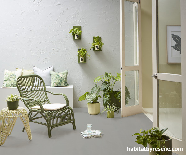 This textured exterior wall adds some interest and depth to this otherwise plain area. The wall is painted in Resene Resitex Plastercote in Resene Foggy Grey, flooring in Resene Gunsmoke, bench seat in Resene Foggy Grey, chair in Resene Awol with a small