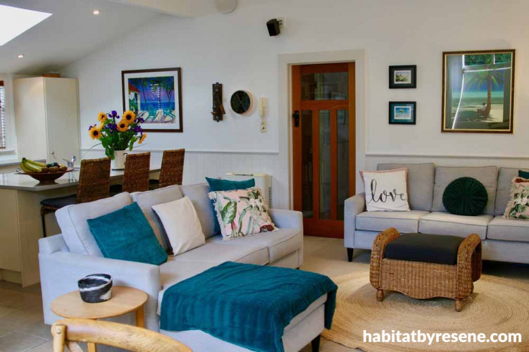 living room, blue toned, modern