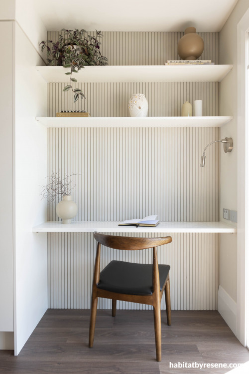 This small space has been made into a stylish and functional area, with back wall in Resene Double Merino and ceiling and trims in Resene Quarter Bianca.
