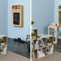 Different-coloured flooring and shelving units can help section off parts of a room