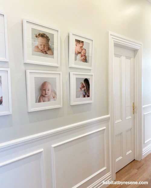 The hallway is painted in Resene Merino, with lower panelling and doors in Resene Alabaster, now showcasing pictures of her own children, just as it once did of her as a child. 