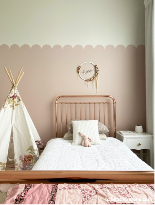 Remi’s room features Resene Soothe on the lower half of the wall, and Resene Merino on the top. “I love the colour and the scalloped look, it feels bright, fresh and welcoming,” Micaela says.