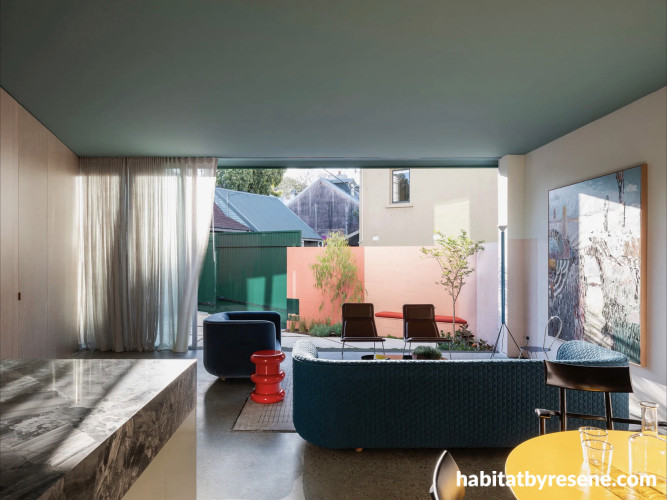 Living area, living area with ceiling featuring Resene Juniper