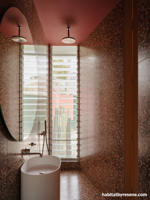 Bathroom with ceiling painted in Resene Red Oxide