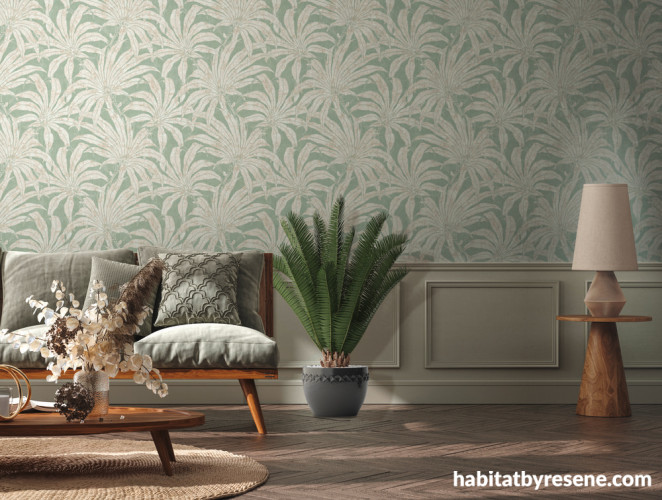 Living area featuring natured-inspired green Resene wallpaper