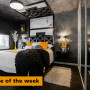 Bedroom with walls in an ombre effect painted in Resene All Black, Alabaster, Cliff Face Grey, Amber Grey and Athens Grey