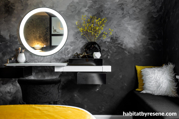 Bedroom with walls painted in an ombre effect using Resene All Black, Alabaster, Cliff Face Grey and Amber Grey