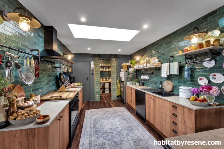Kitchen featuring back wall in Resene Armadillo, ceiling in Black White