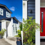 House exterior with weatherboards painted in Resene Indian Ink and door in Resene Poppy