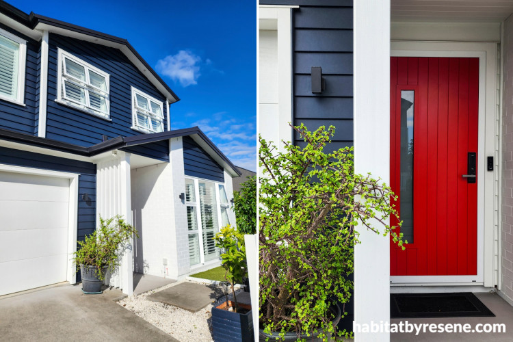House exterior with weatherboards painted in Resene Indian Ink and door in Resene Poppy