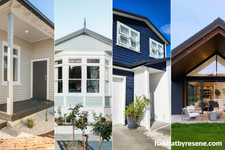 A range of home exterior colour schemes and designs featuring Resene Half Grey Olive, Gull Grey, Indian Ink and Bokara Grey