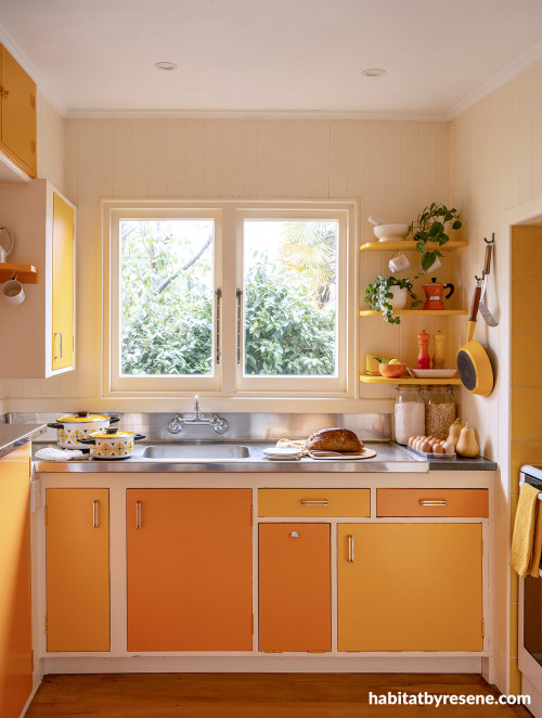 Kitchen featuring cabinetry in Resene Hero and Buttercup