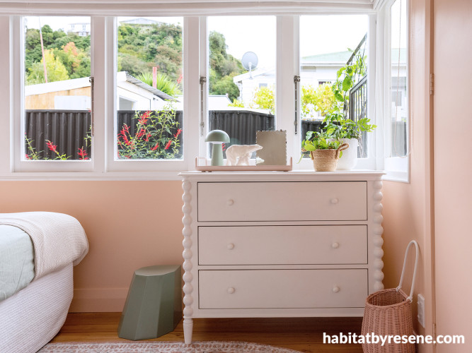 Bedroom featuring soft pinks Resene Wax Flower and Spring Rain