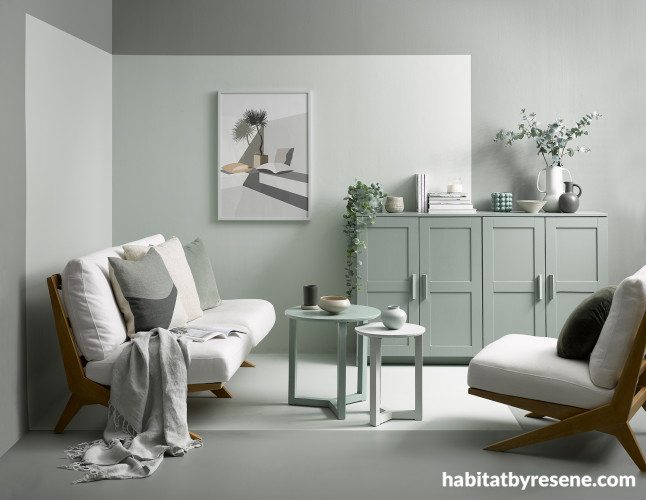 Living area featuring Resene Ravine, Grey-green living area