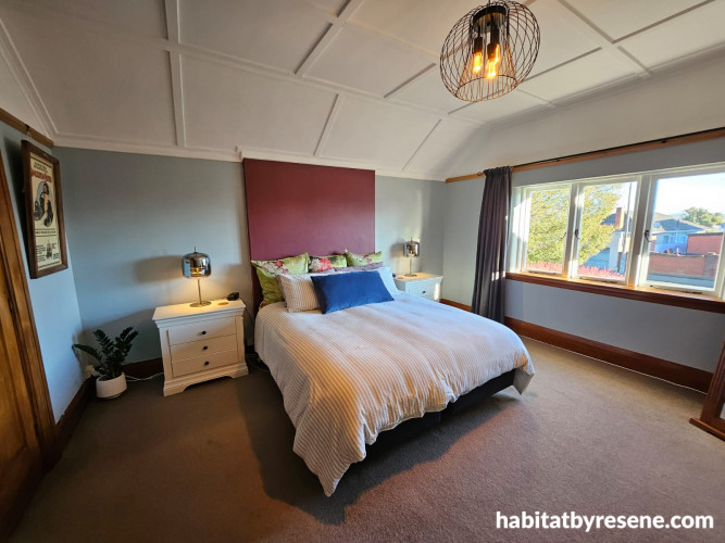 Bedroom, bedroom with red feature wall