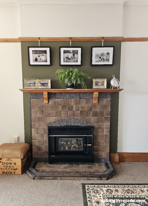 Fireplace, fireplace with wall behind featuring Resene Waiouru, brick and olive green fireplace