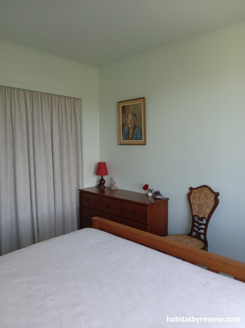 Bedroom, pale green bedroom, pale green bedroom featuring Resene Edgewater