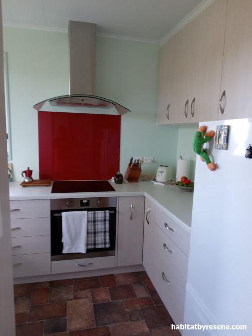 Kitchen, kitchen featuring light peppermint green and dark red