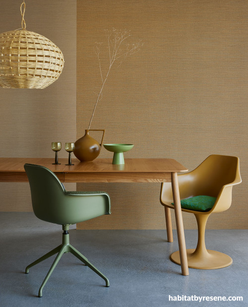 Dining room, earthy dining room, dining room featuring earthy wallpaper