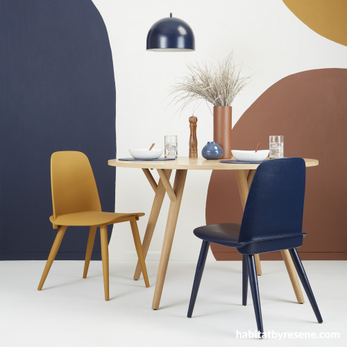 Dining room, dark blue and brown dining room, dining room featuring contemporary colours